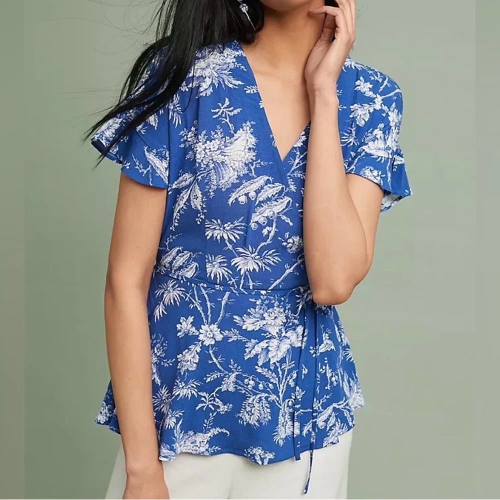 Maeve by Anthropologie Blue & White “Clarita” Wrap Blouse Size 10